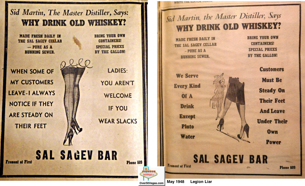 A couple of bawdy ads for the Sal Sagev Tavern in the May 1948 Legion Liar.